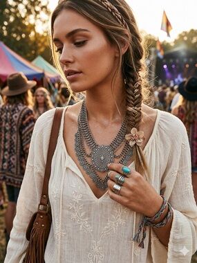 Boho Silver Layered Statement Bib Necklace Medallion Festival Tribal 18.25"